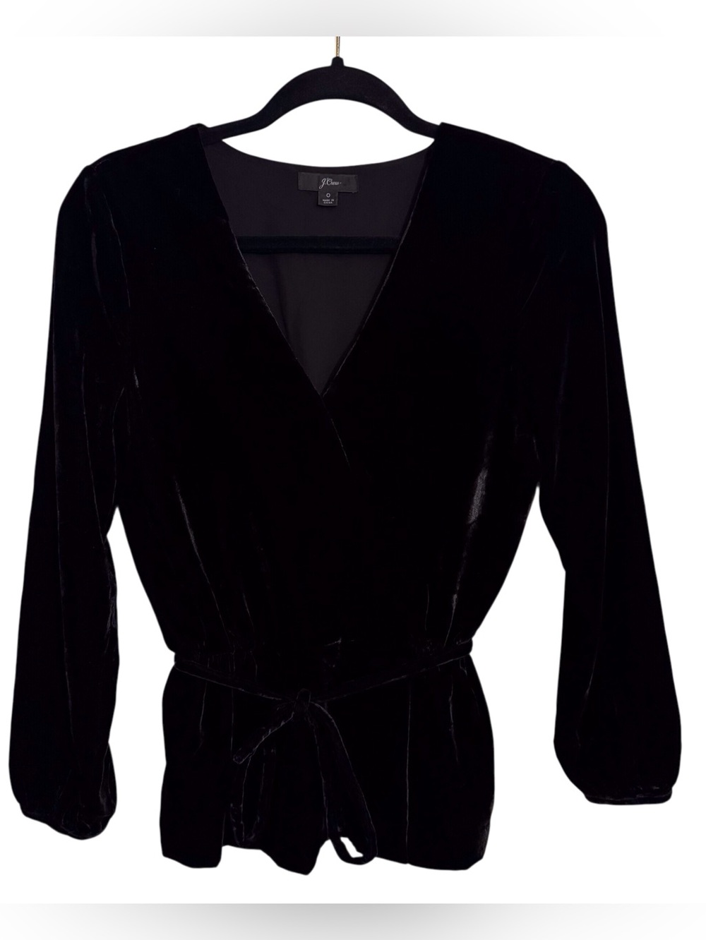 J. Crew Size 0 Black Long Sleeve V-Neck Velvet Blouse Top Side Tie Belted